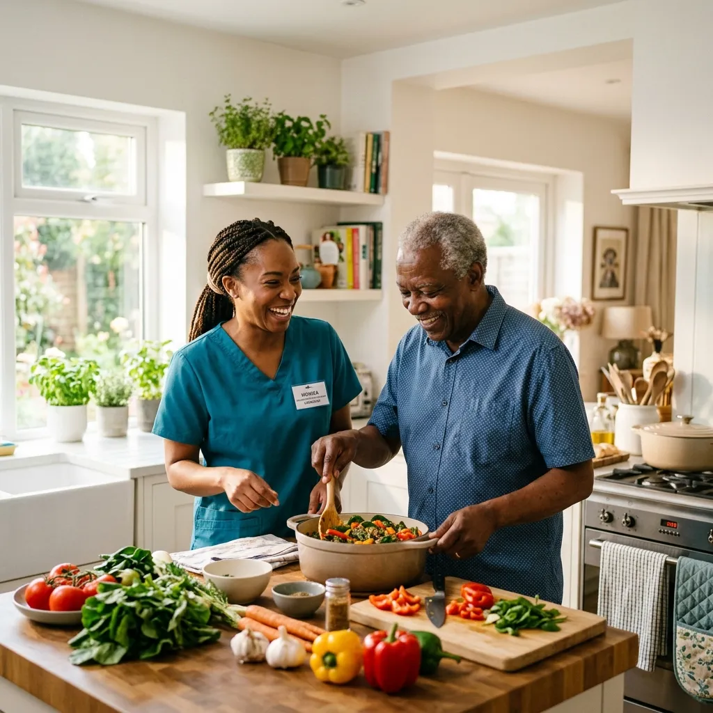 Caregiver cooking a healthy meal with a smiling senior man in his kitchen
