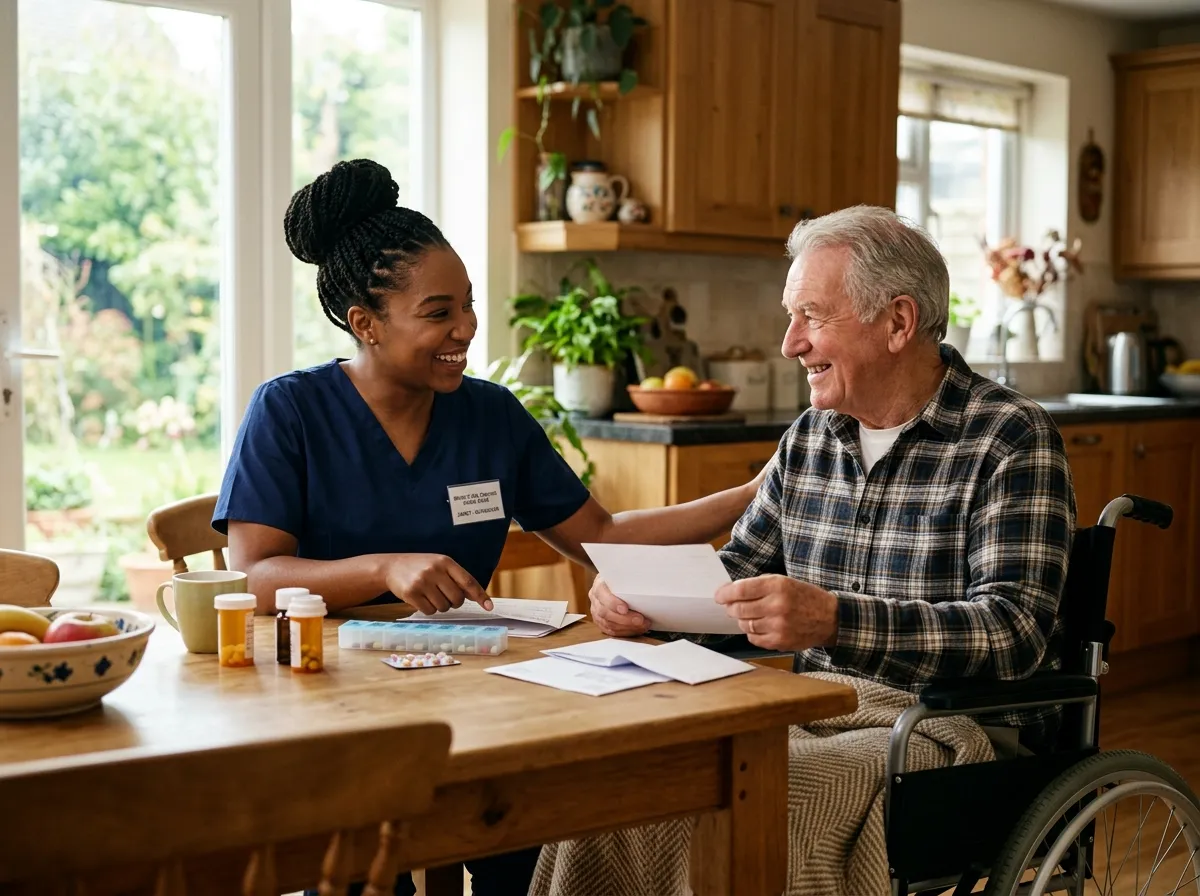 Caregiver in scrubs helping a man in a wheelchair sort his medication and mail at the kitchen table
