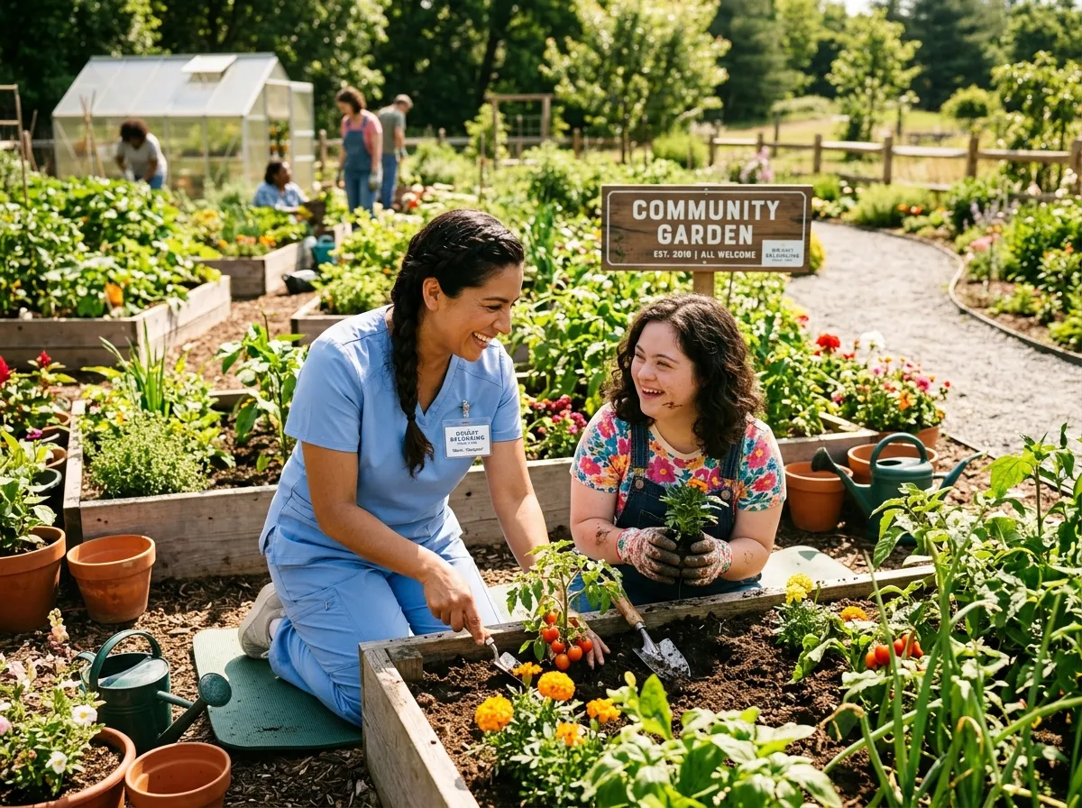 Support worker and a young woman planting together in a community garden
