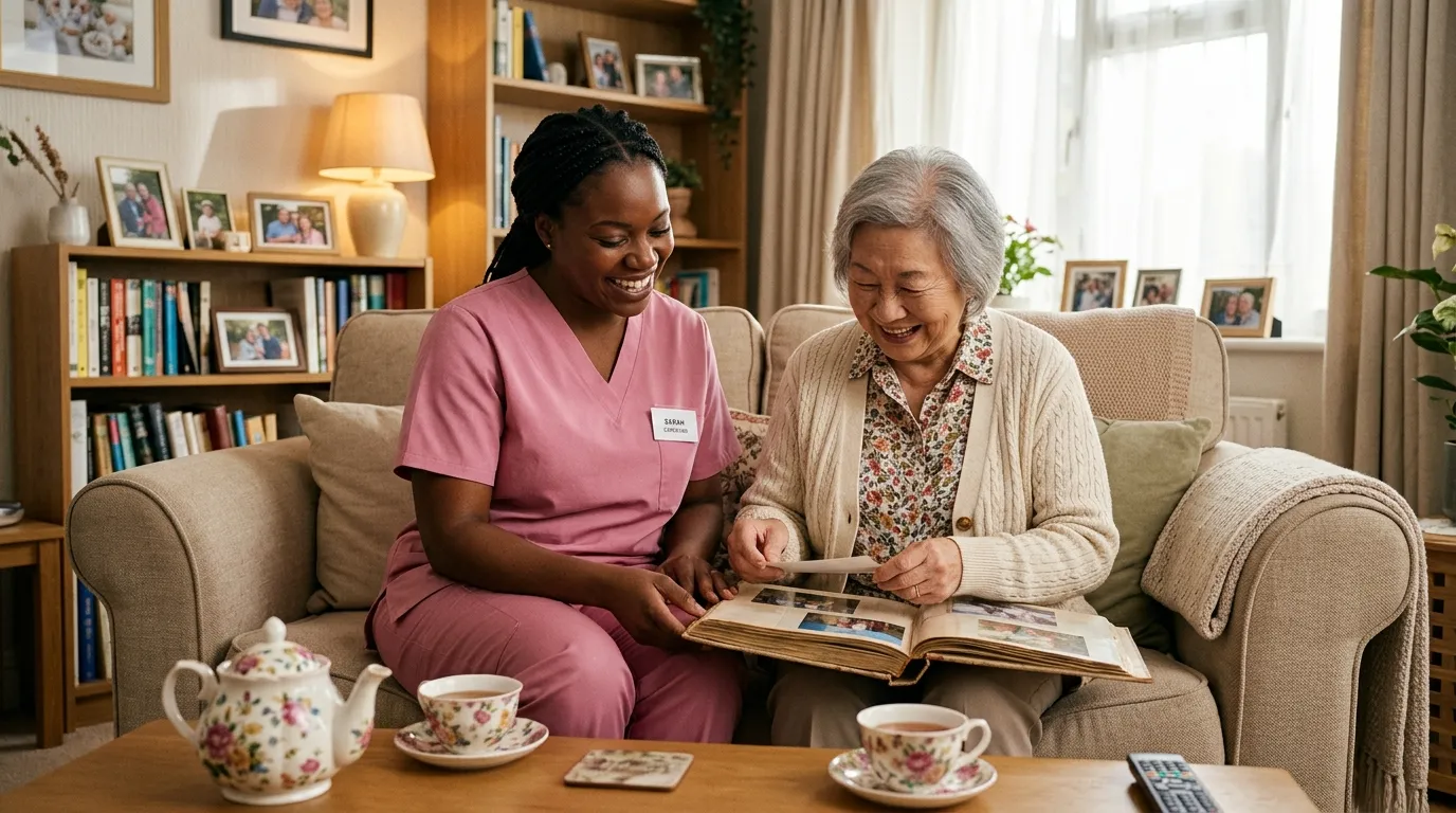 Caregiver in scrubs and an older woman laughing together over a photo album and tea
