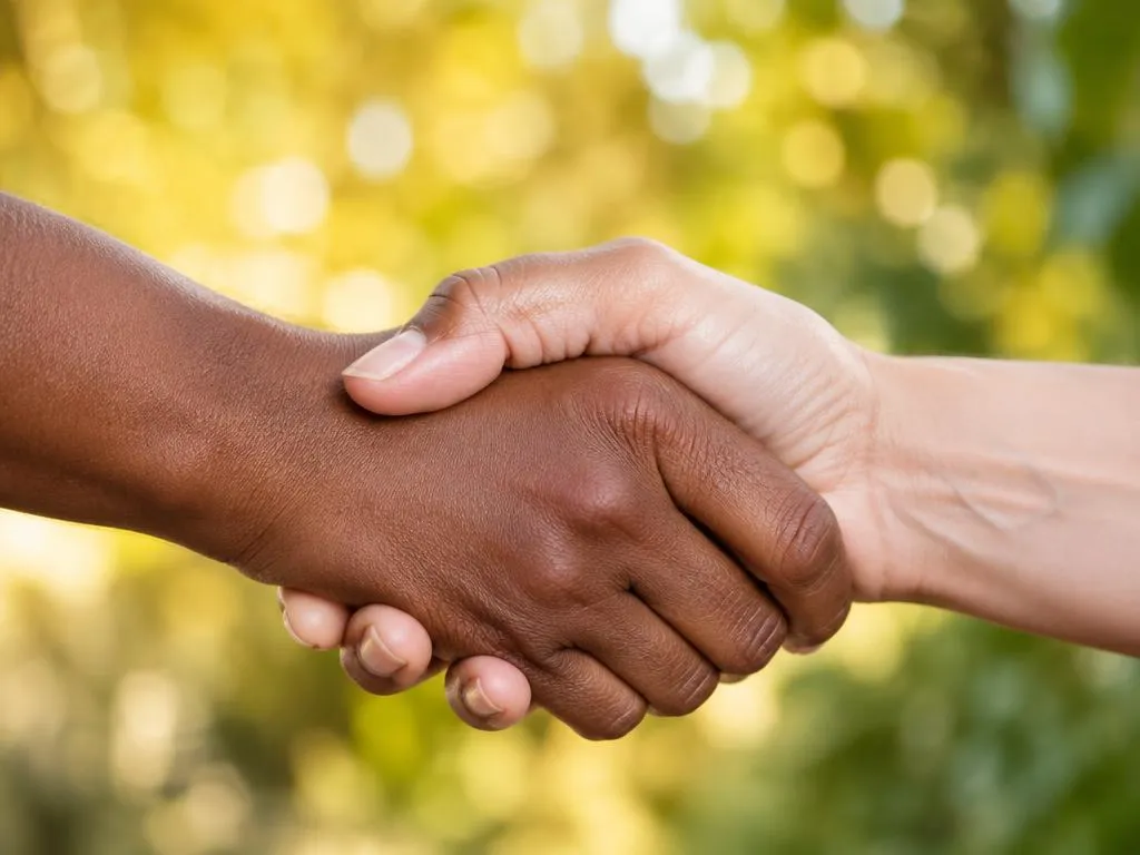 Two hands clasped in a warm, supportive handshake