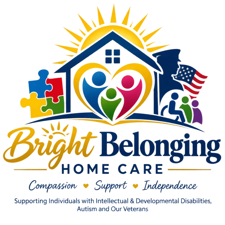 Bright Belonging Home Care logo: a sun rising over a house with a heart and people inside